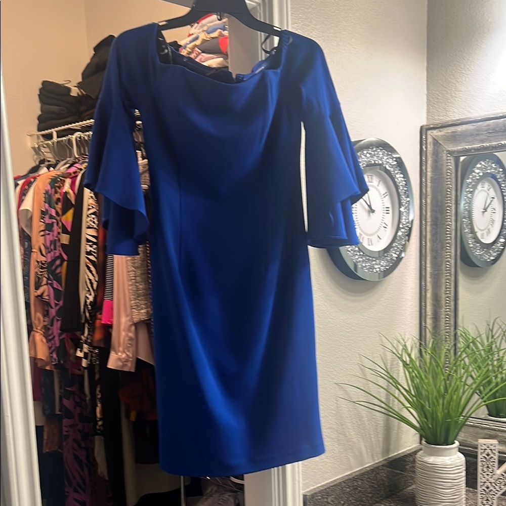 Calvin Klein Blue Off Shoulder Bell Sleeve Sheath Dress